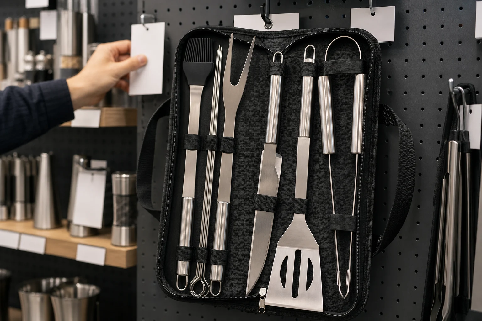 Stainless steel BBQ tool kit opened in a black carry case on a retail sample-room pegboard with blank hang cards
