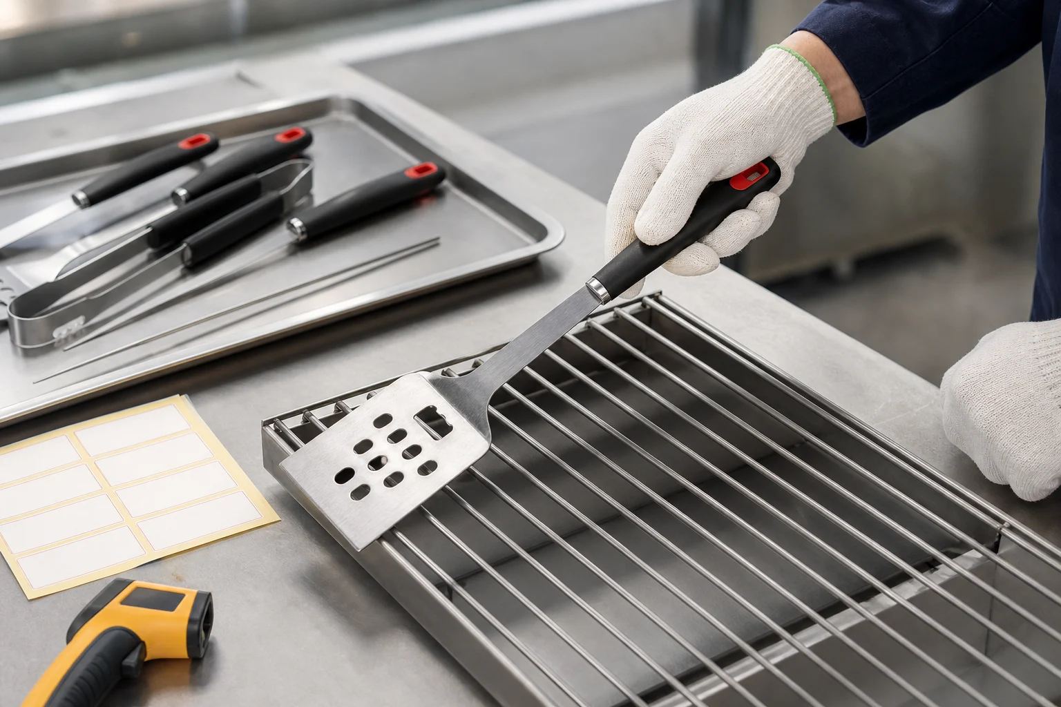 Gloved sample inspection of a black plastic-handle BBQ spatula over a cold stainless grill grate with labels nearby