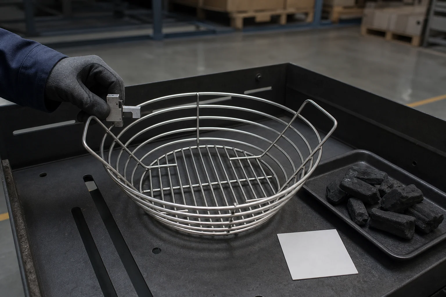 Clean stainless charcoal basket inspected with calipers in a cold grill firebox beside unlit charcoal pieces