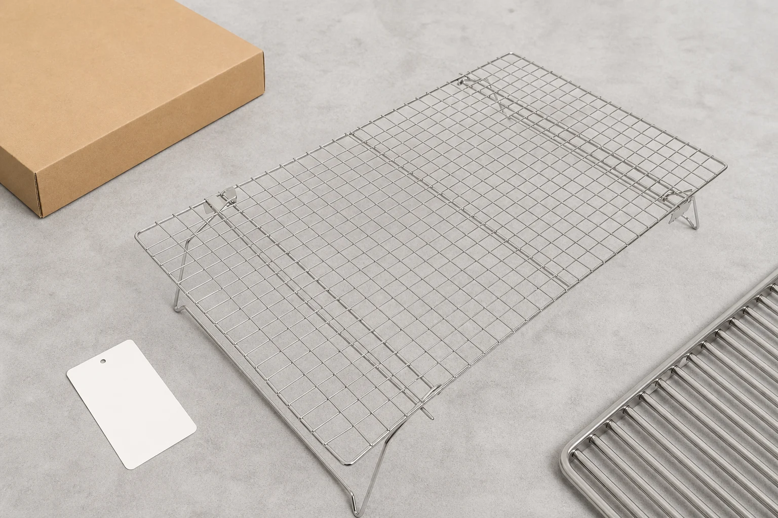 Clean stainless steel Grillive foldable cooling rack on a light sample review counter with a blank box and label card