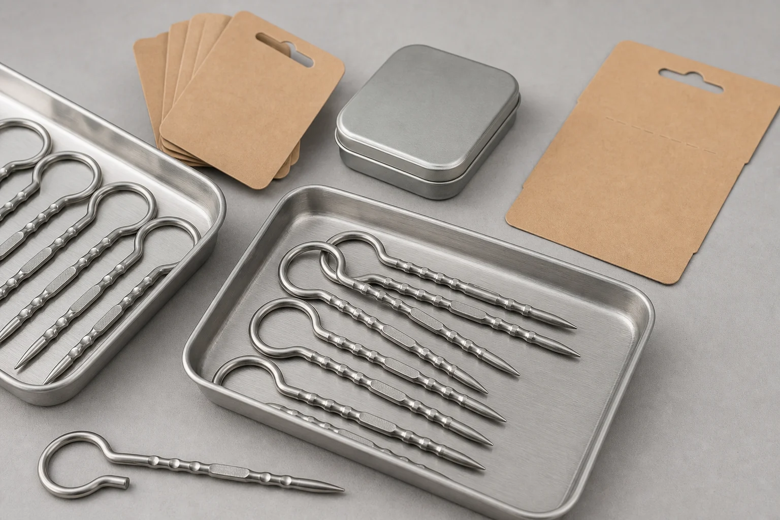 Clean stainless corn holders and burger pins arranged in metal sample trays with blank kraft retail cards