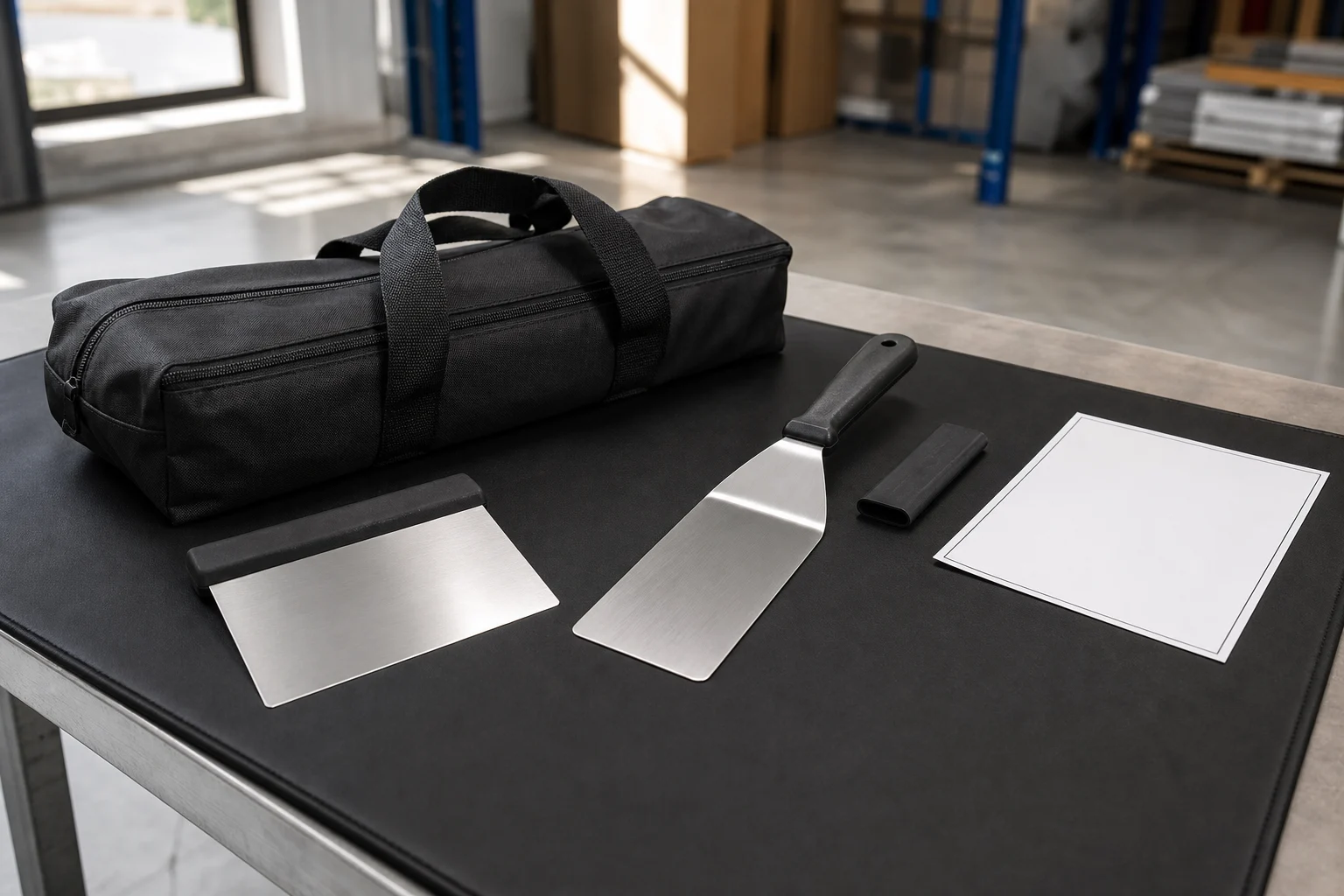 Clean Grillive griddle scraper and spatula on a black inspection mat beside a carry bag and blank safety insert