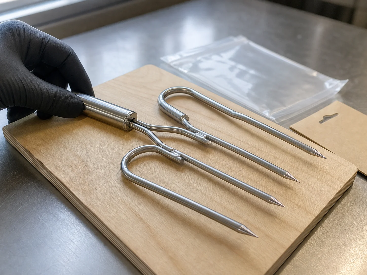 Clean stainless steel Grillive meat claws inspected on a pale sample board with a blank hang card and polybag