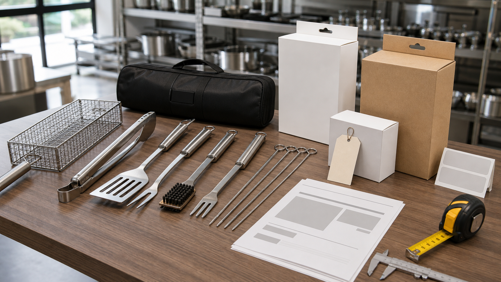 Campioni di accessori BBQ OEM con mockup di imballaggio e documenti di preventivo