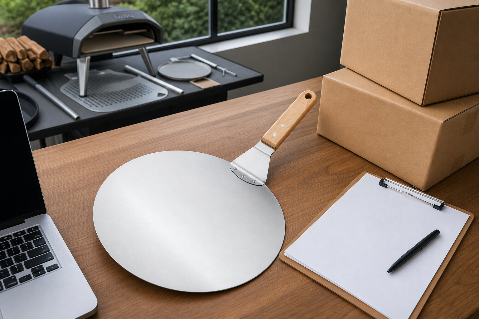 Clean round metal pizza peel with wooden handle on a sourcing desk with blank cartons and a checklist