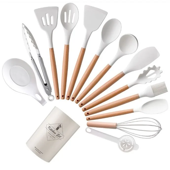 Set de 13 ustensiles de cuisine en silicone avec manches en bois - image produit 1