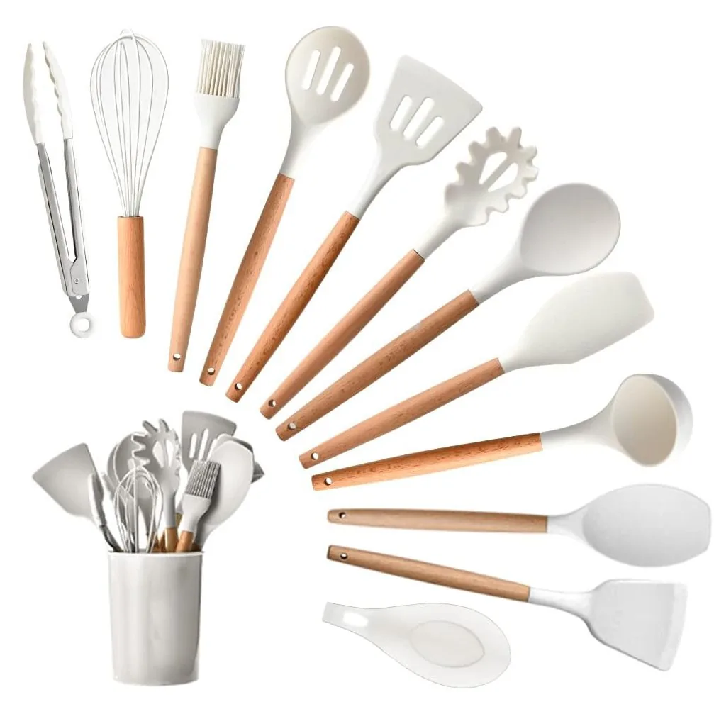 Set di 13 utensili da cucina in silicone con manico in legno - immagine 4