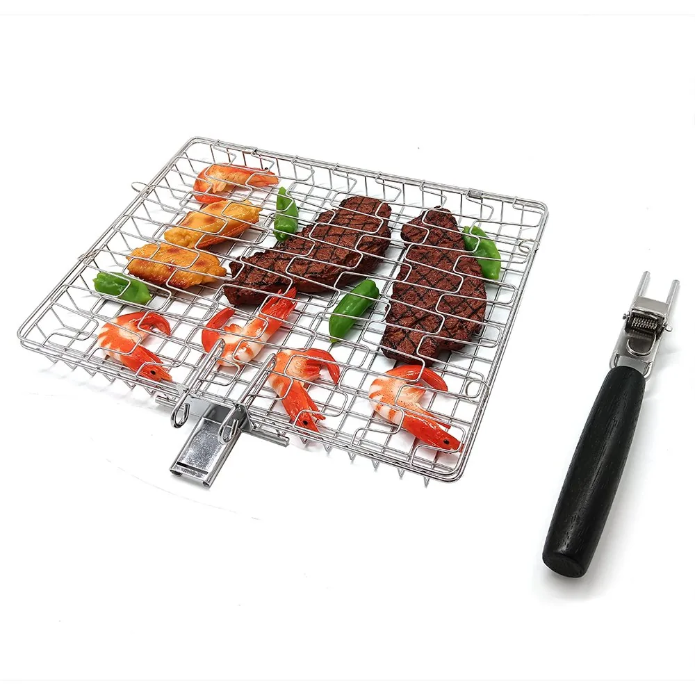 Panier de grillade pour steak BBQ avec manche en bois ergonomique image produit 2