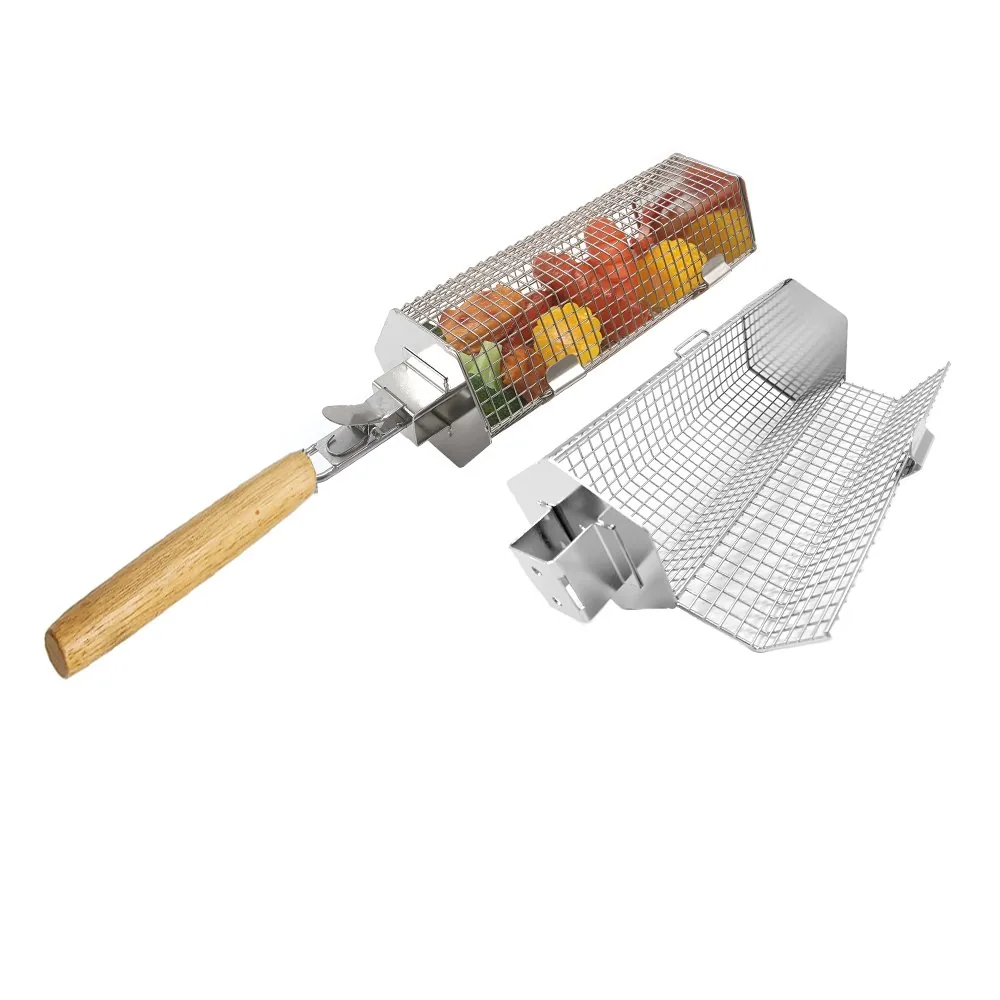 Kit cesto per griglia BBQ in acciaio inox con manico in legno rimovibile immagine prodotto all'ingrosso 2
